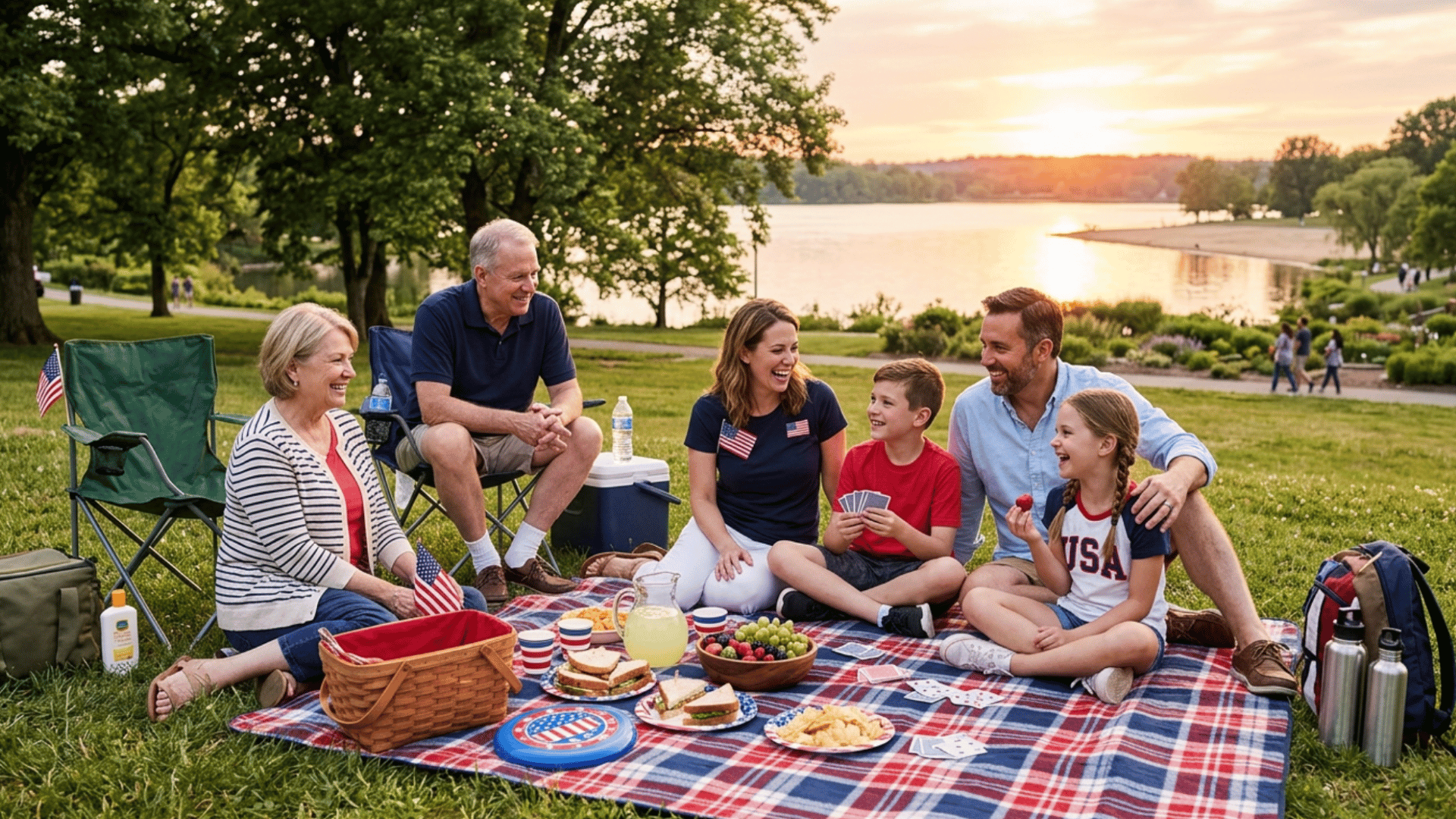 family enjoying a memorial day picnic outdoors with blankets, snacks, and patriotic decorations near a lake (1)