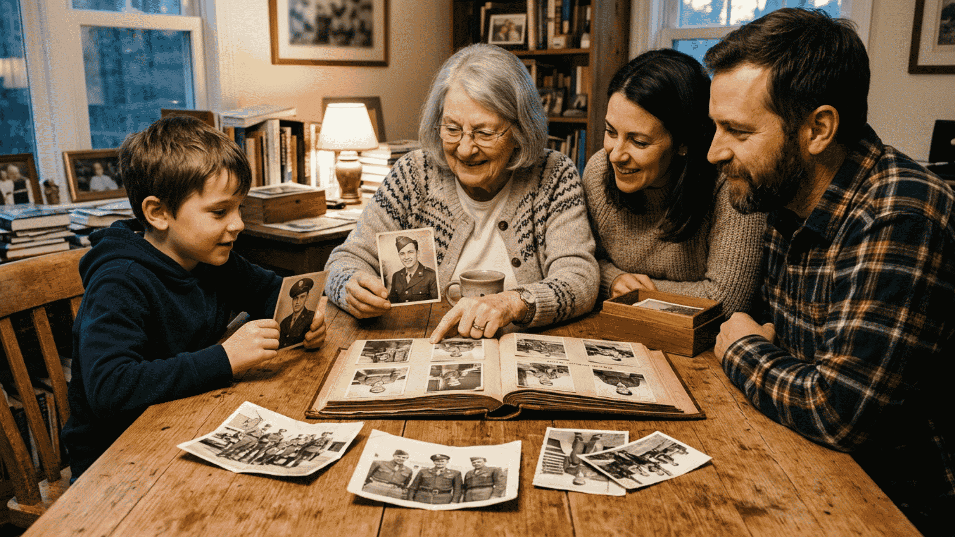 family gathered around a table looking through old photographs of a soldier on memorial day