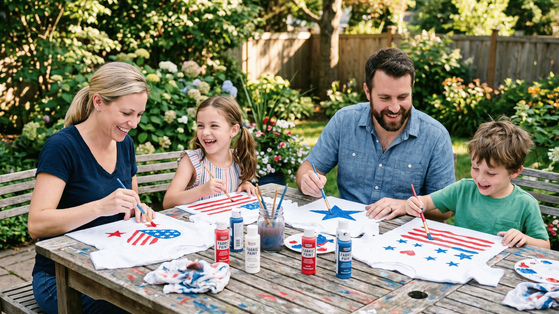 family painting t-shirts outdoors, brushes and colors visible, fun and creative scene