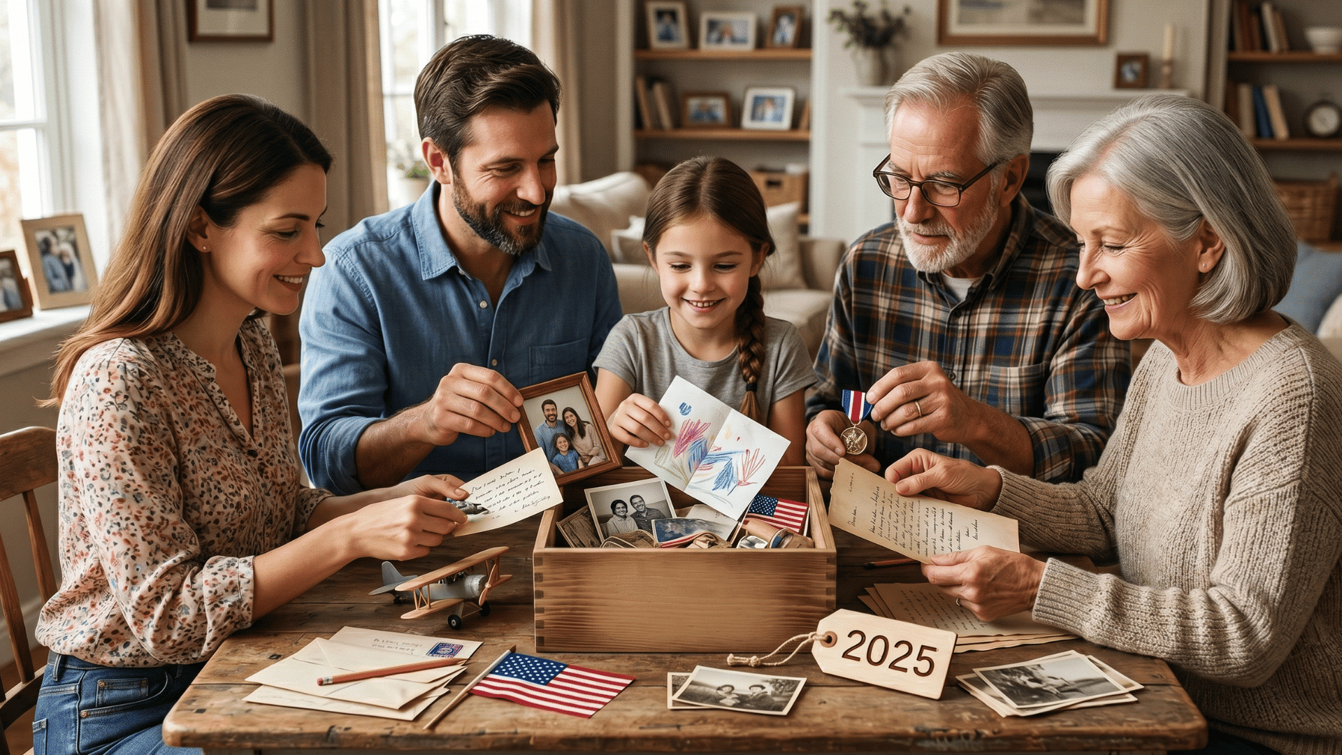 family placing letters into a box, sitting together at table, thoughtful and shared moment