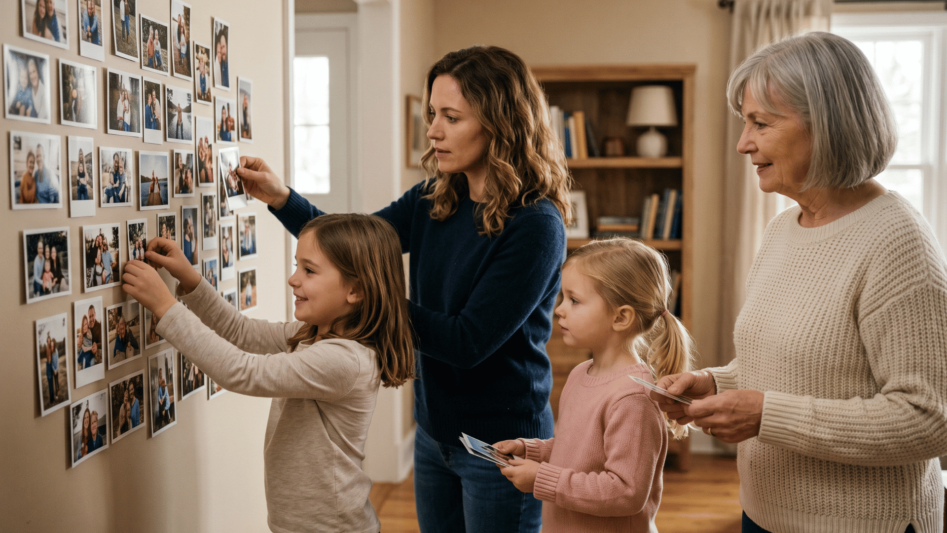 family placing photos and notes on wall, warm indoor space, emotional and calm moment together