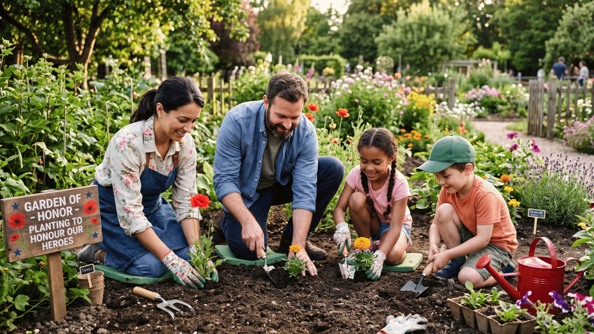 family planting flowers together in garden, soil and tools visible, peaceful outdoor moment