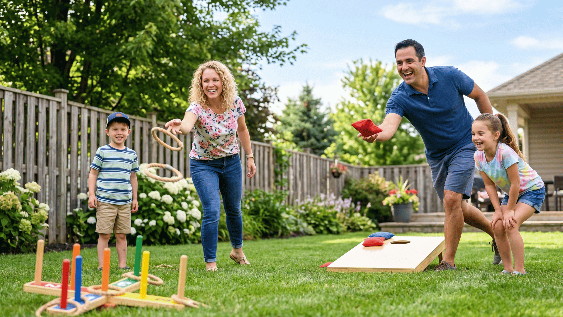 family playing outdoor games, red white blue setup, active and playful backyard scene