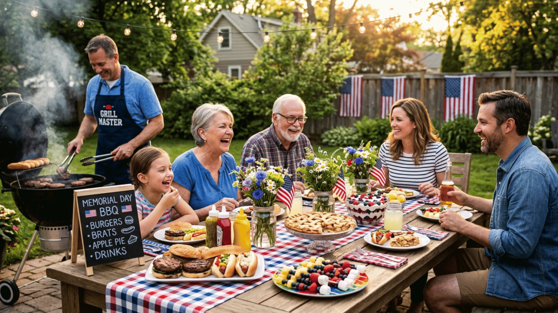 family sharing food at a memorial day community potluck in a backyard with patriotic decorations
