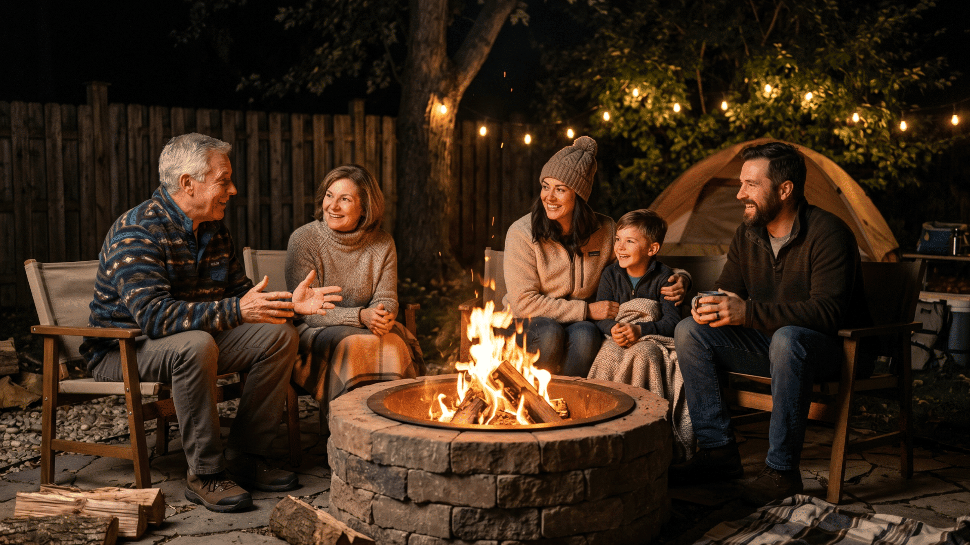 family sitting around fire pit at night, warm glow, sharing stories in relaxed setting