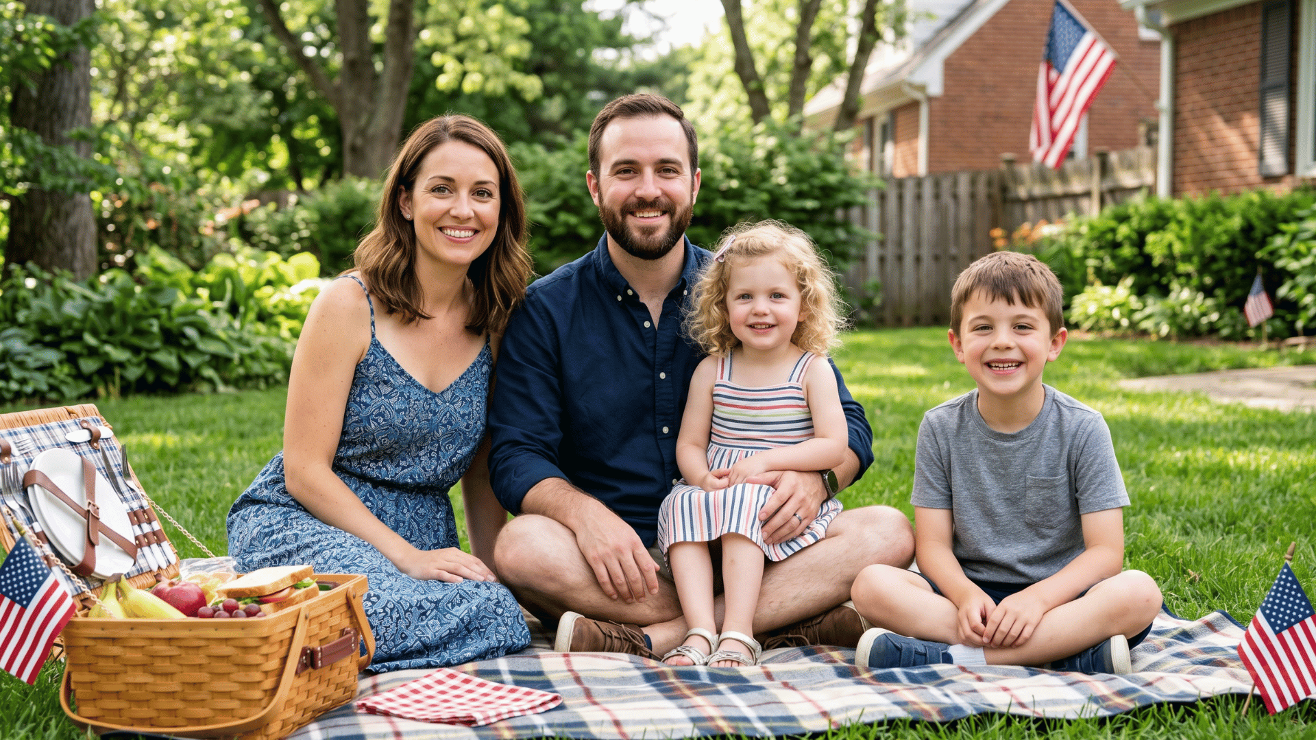 family sitting on picnic blanket in backyard with american flags, sharing food and spending time together on memorial day