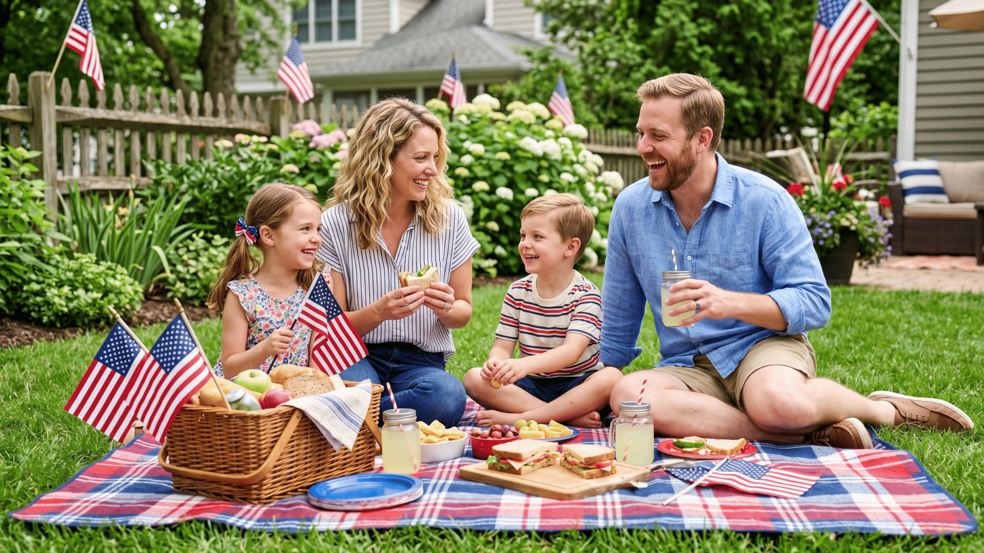 family sitting on picnic blanket with flags, food basket, sunny backyard, all smiling and relaxed