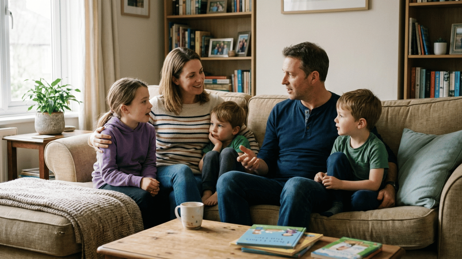 family sitting together on couch discussing Memorial Day, helping children understand its meaning during school holiday (1)