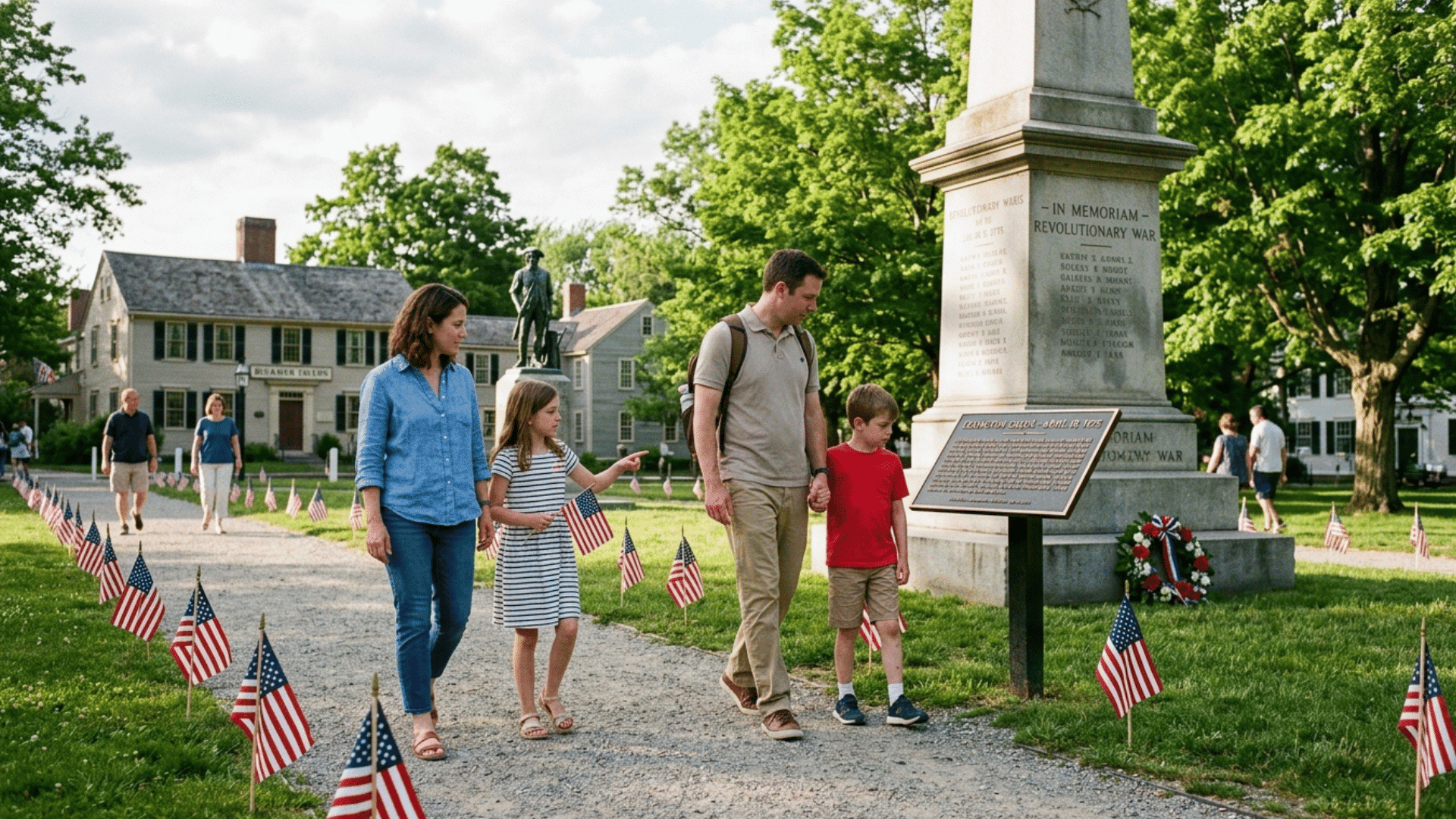 family visiting a historic memorial site and learning local history during memorial day weekend travel