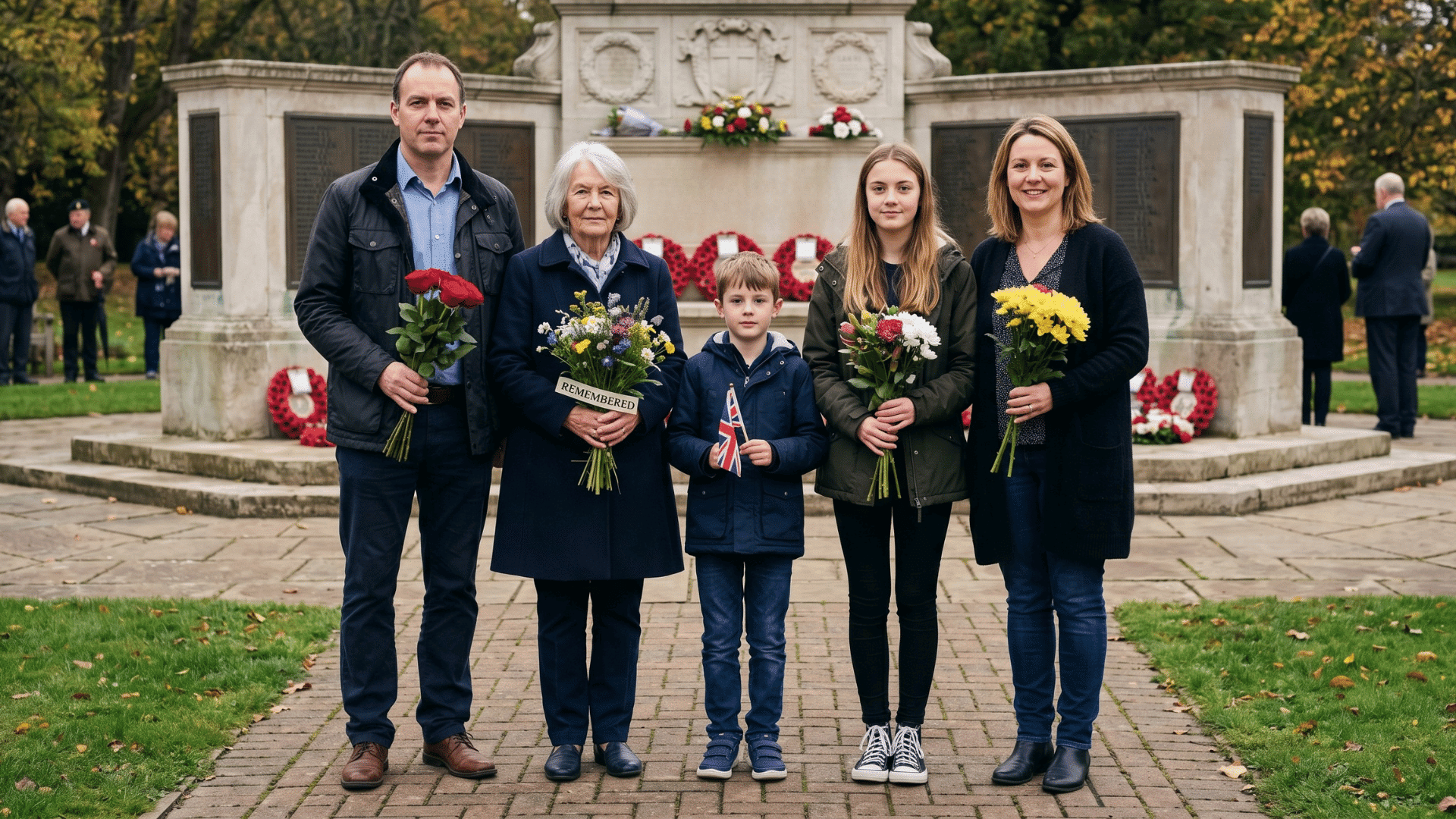family walking near memorial with flowers, quiet and respectful setting, soft daylight