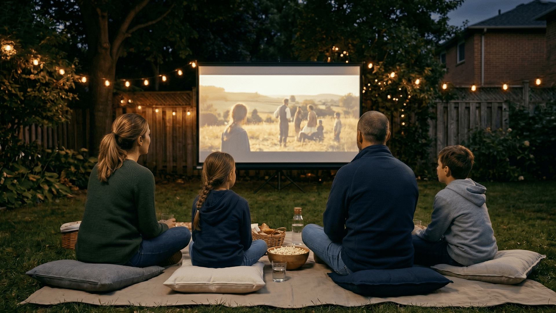 family watching movie outside on screen, blankets and snacks, night sky with lights
