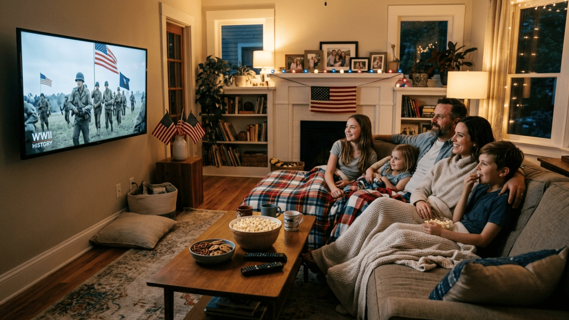 family watching patriotic movies together in a cozy living room during memorial day weekend celebration