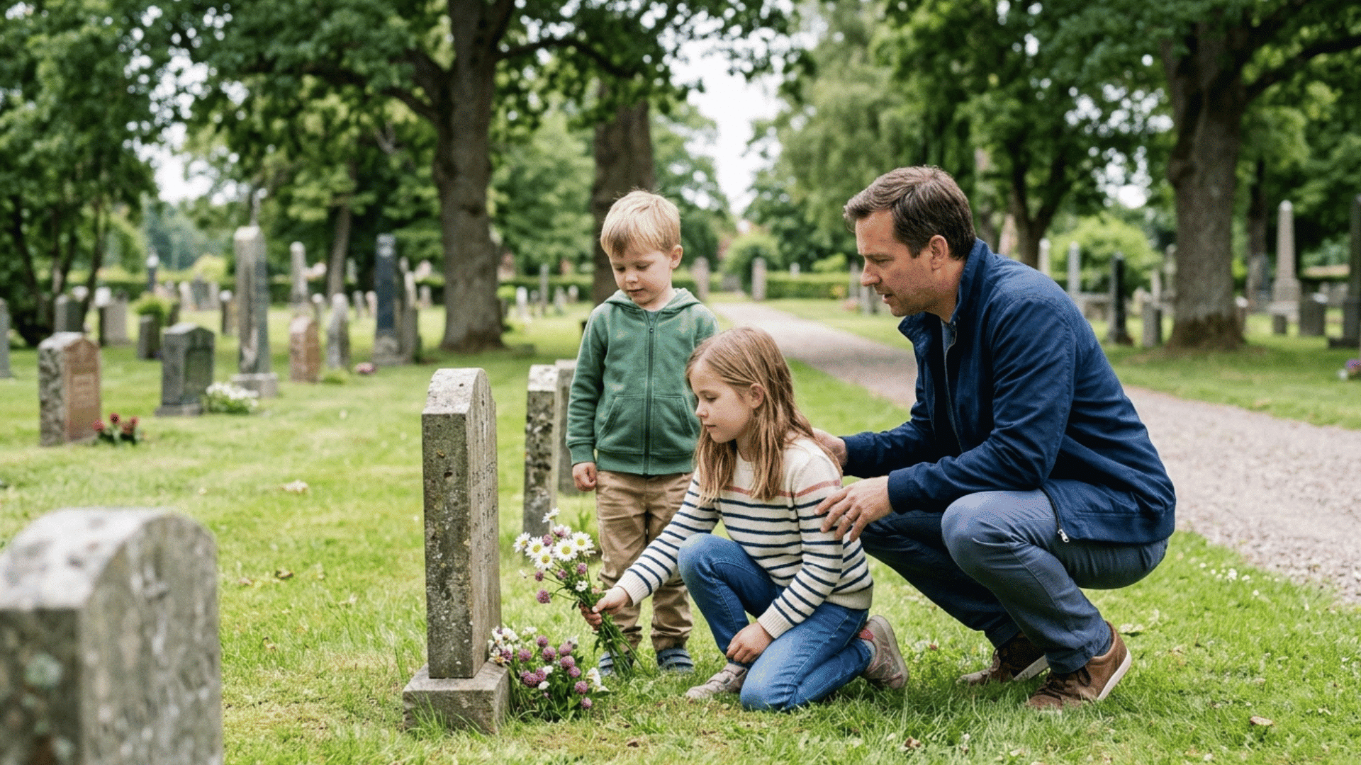 family with kids placing flowers at a grave in a cemetery for Memorial Day.