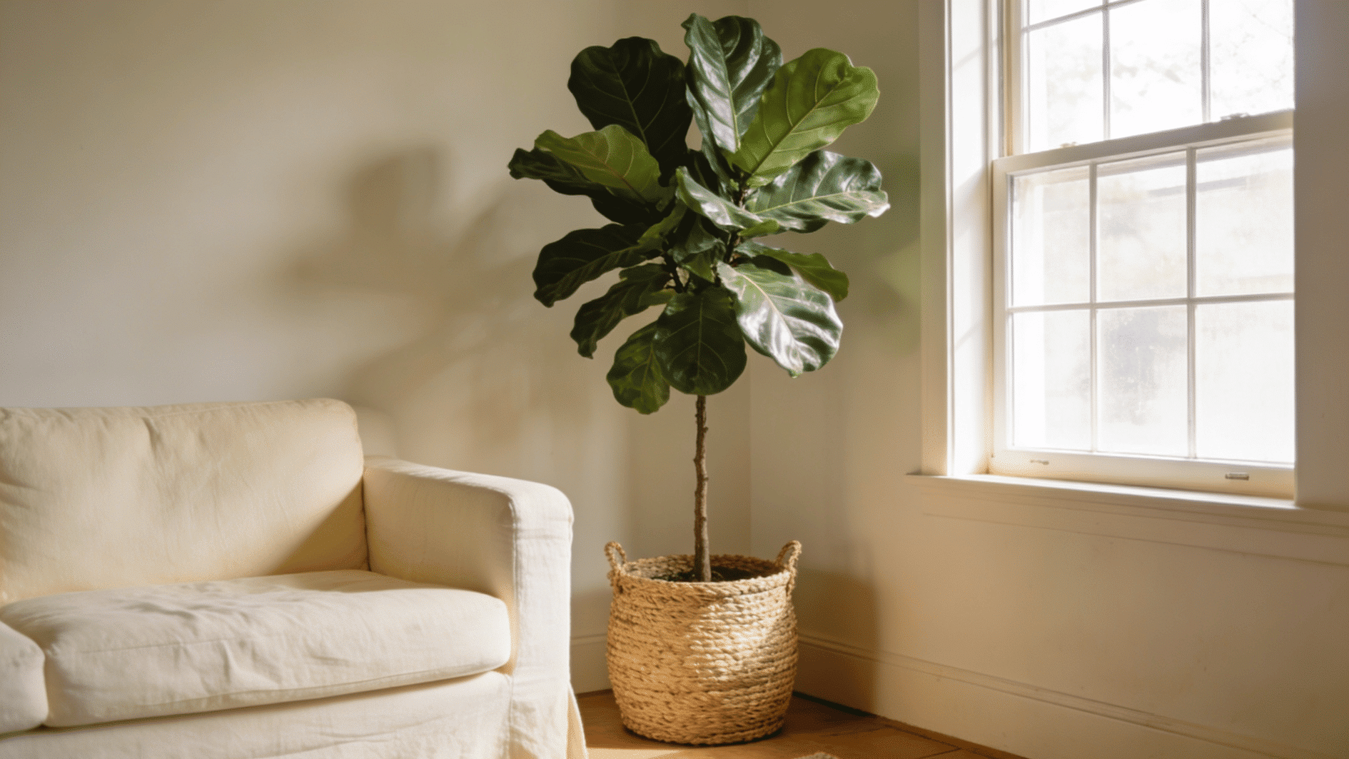 fiddle leaf fig plant in woven basket beside cream sofa and sunlit window in cozy living room
