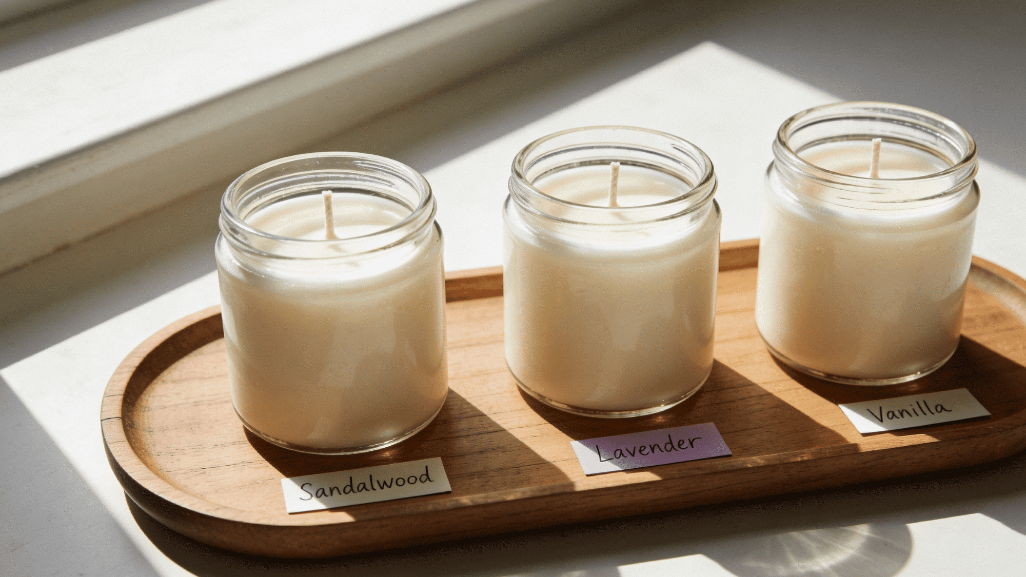 finished soy candles in mason jars cooling on a wooden tray with trimmed wicks and handwritten labels beside them.