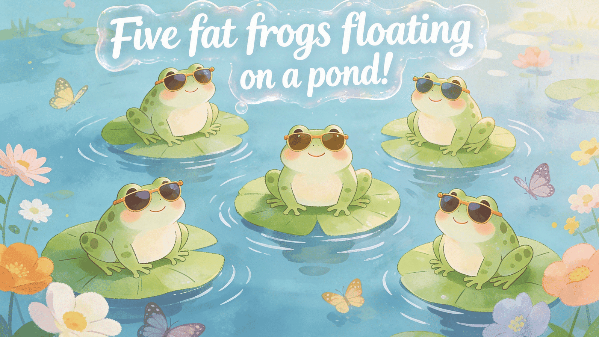 five cartoon frogs wearing sunglasses floating on lily pads in pond