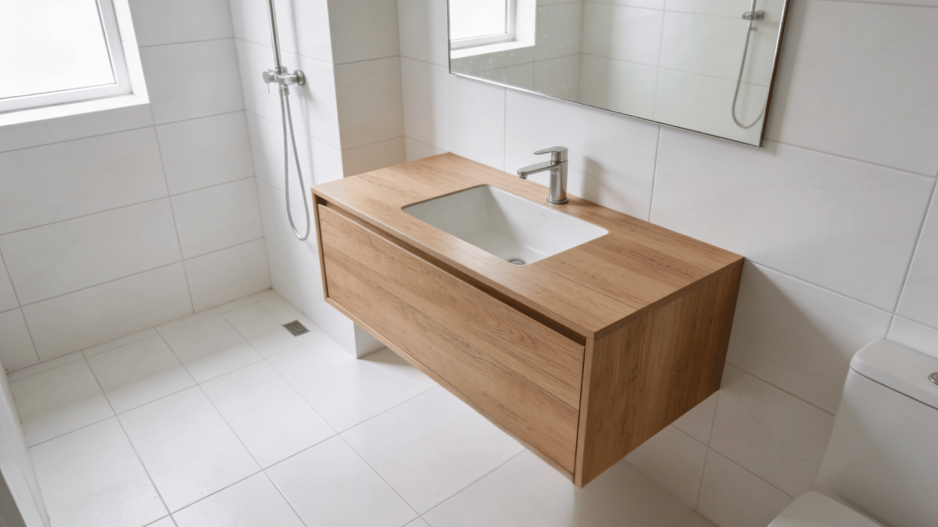 floating wooden vanity with integrated sink in bright minimalist bathroom beside walk in shower and white tiles