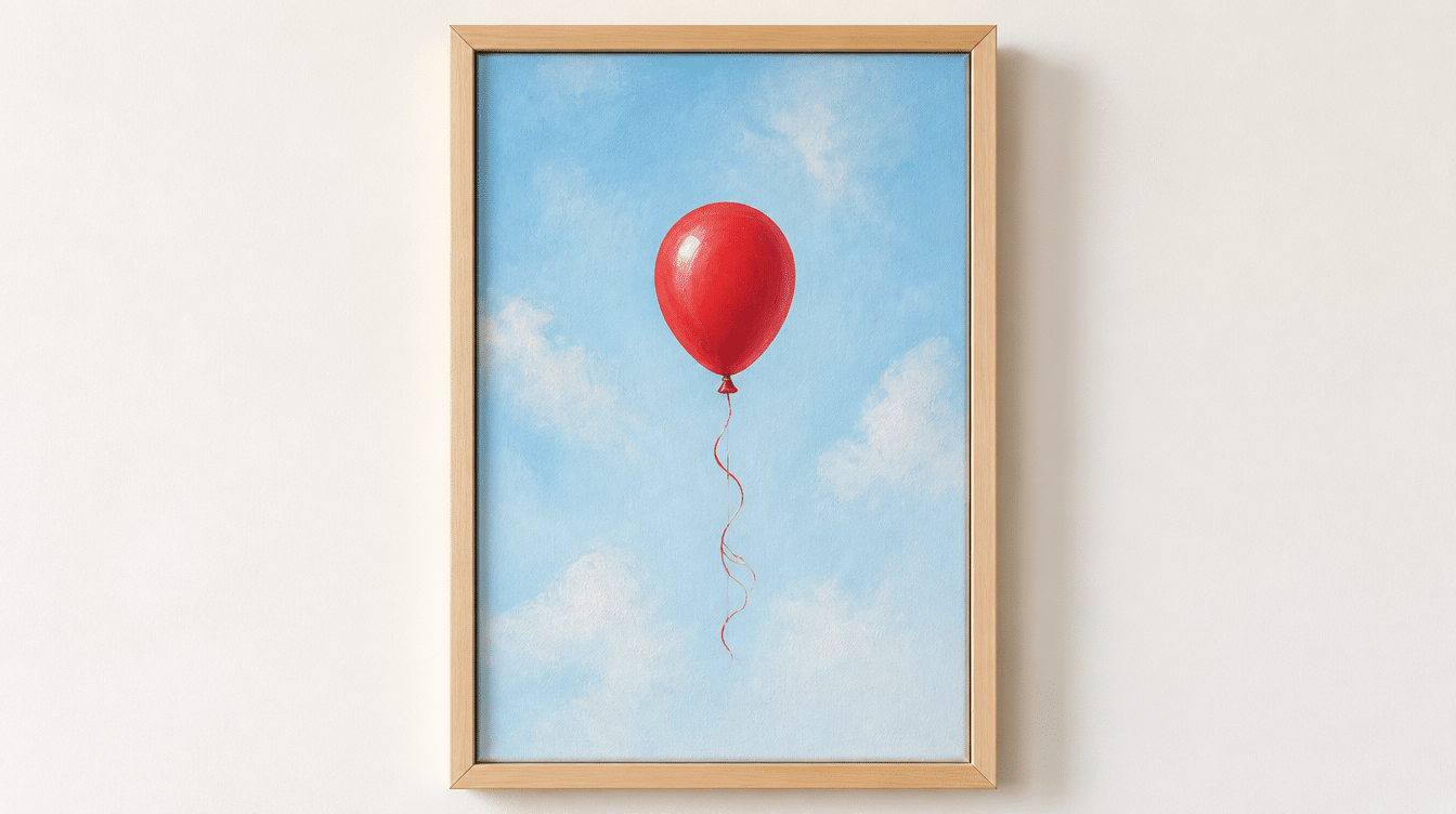 a single bold red round balloon with a thin curling string floating against a soft pastel blue sky.