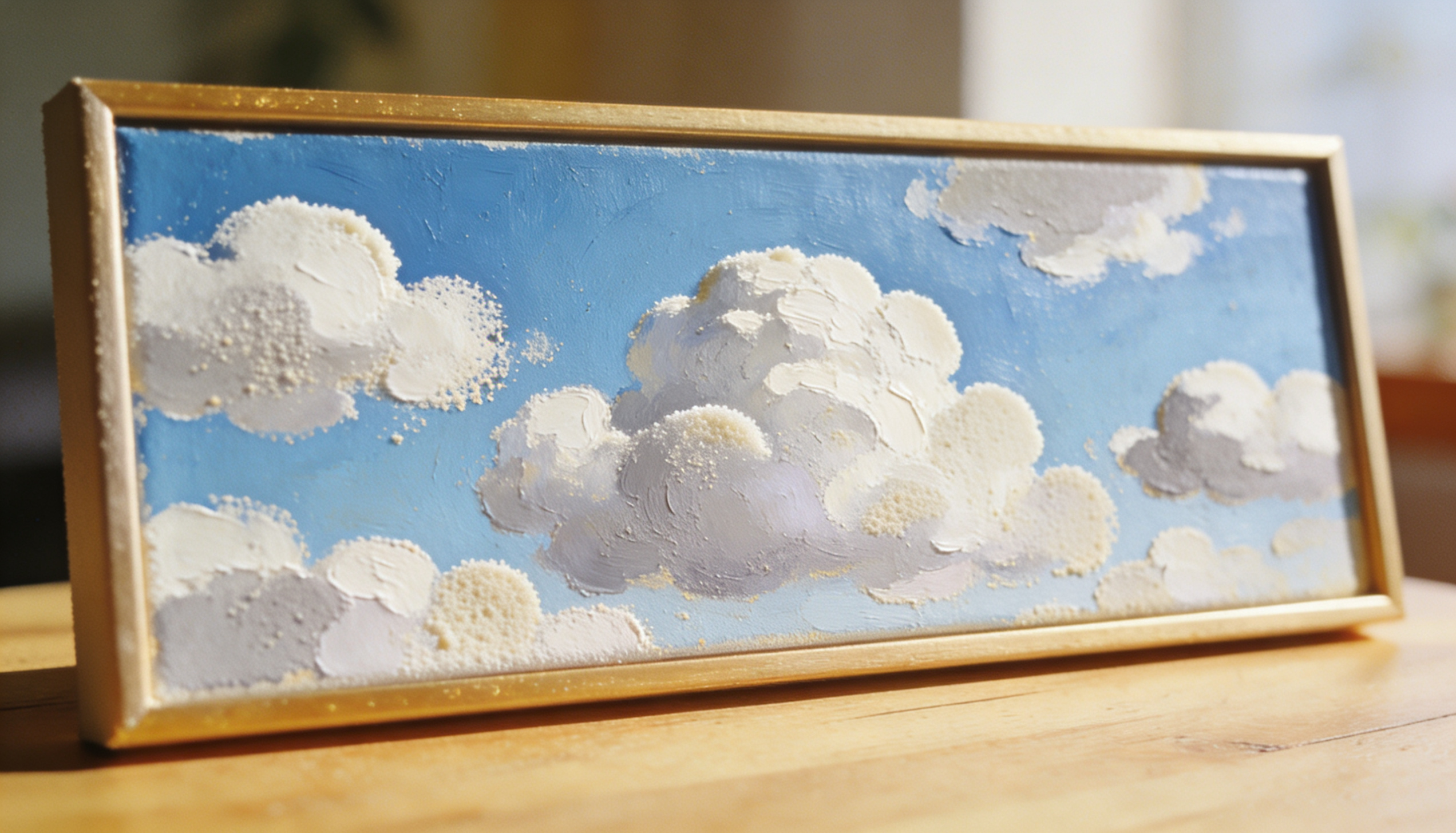 Minimal cloudscape artwork featuring fluffy white clouds in a slim gold rectangular frame.