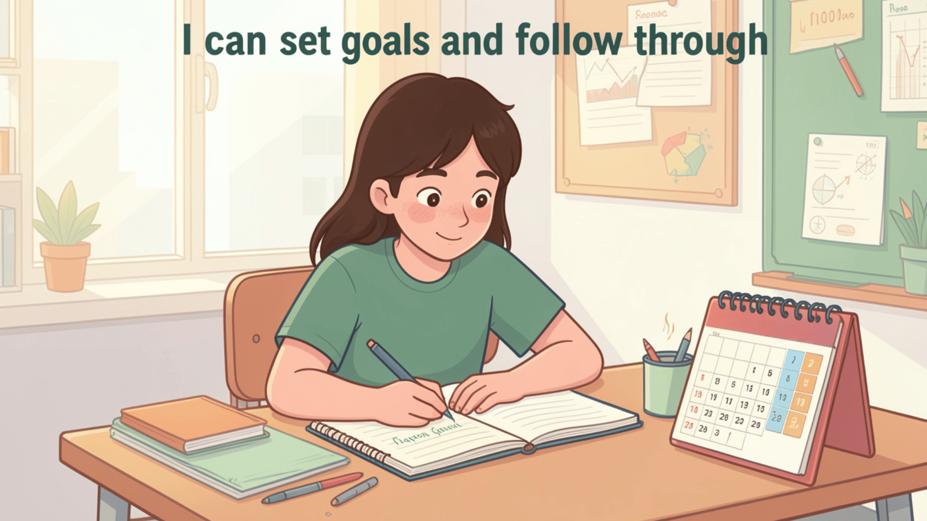 focused student writing goals at study desk with motivational message about discipline, planning, and personal growth