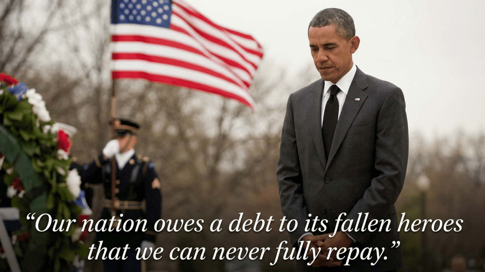 former president honoring fallen heroes during a Memorial Day ceremony with American flag and military tribute.