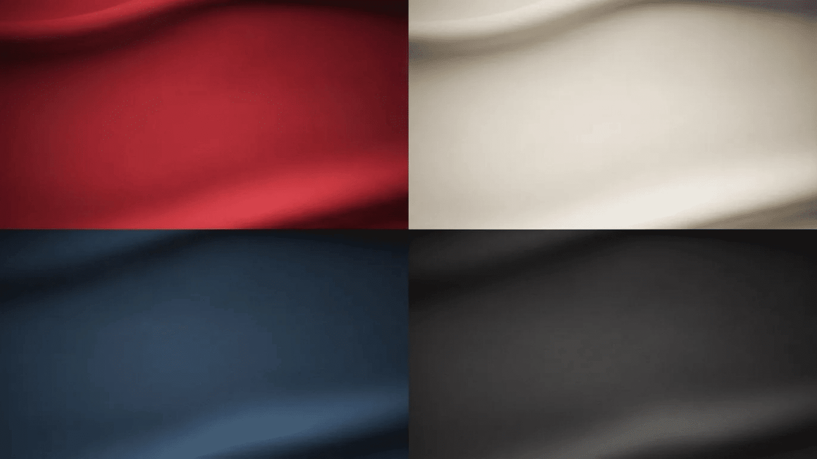four abstract fabric-like panels in red, white, blue, and dark gray are arranged in a grid, showing soft folds and subtle texture variations