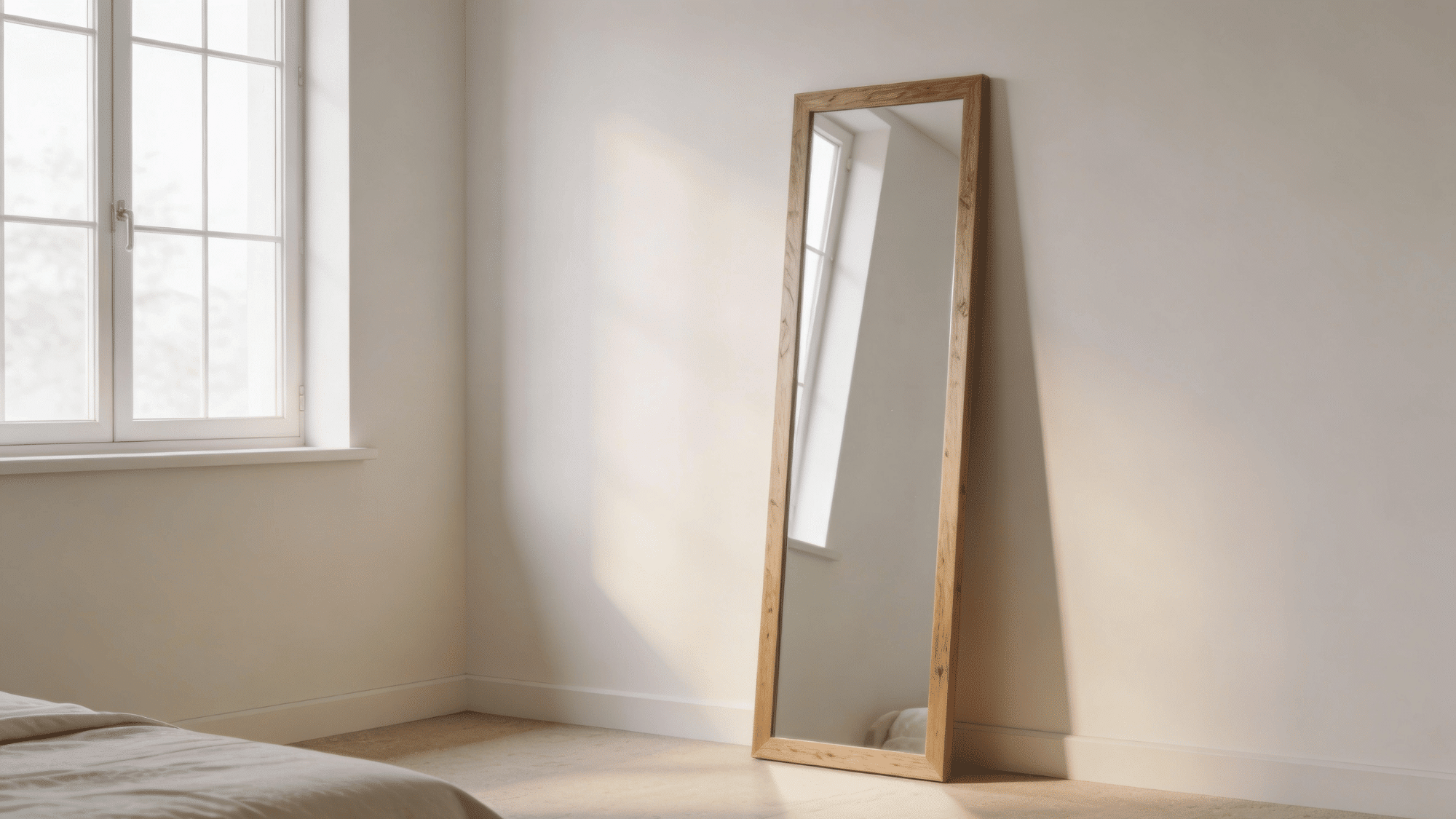 full-length wood-framed mirror leaned against a spare bedroom wall reflecting natural window light