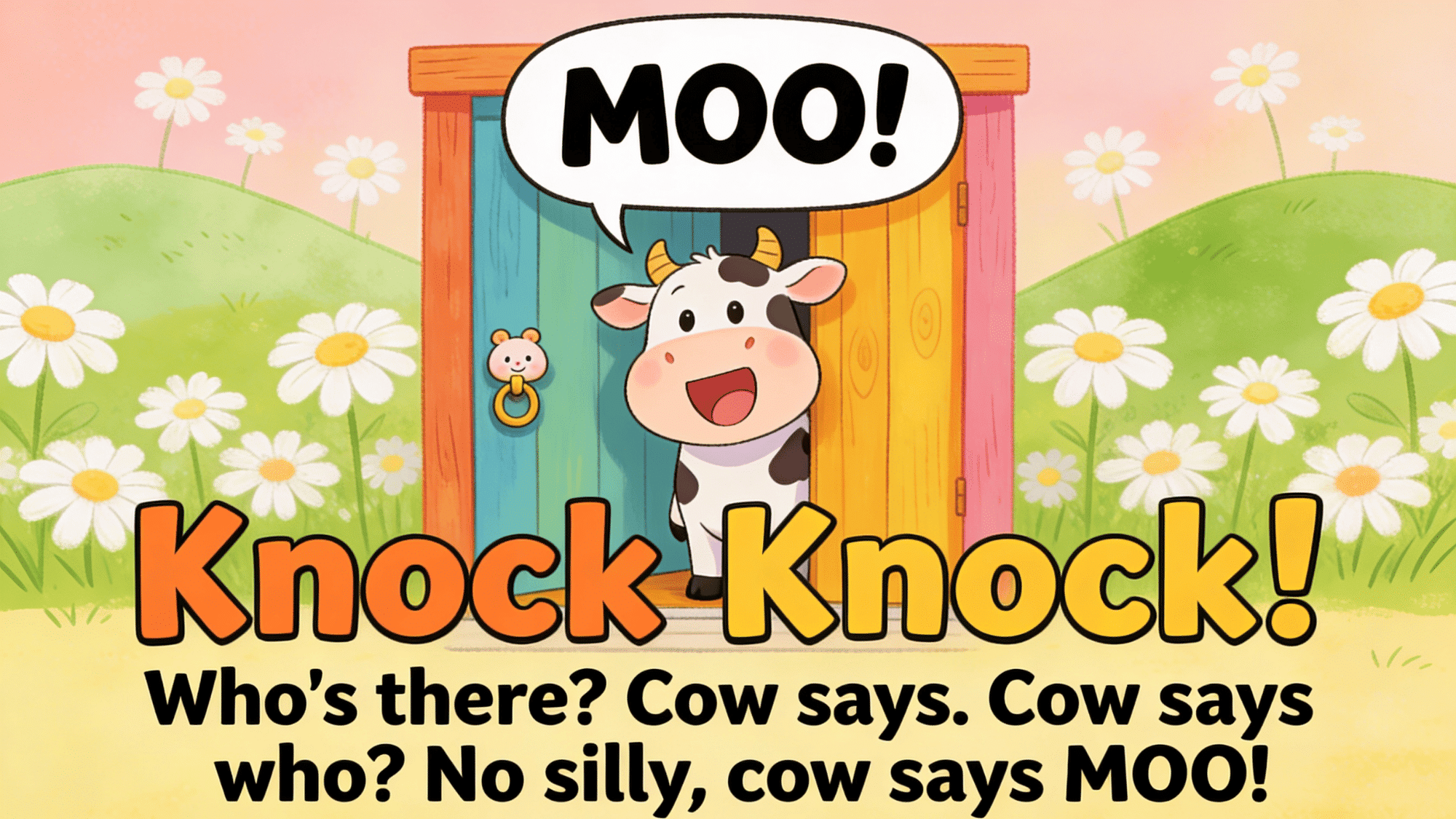 funny cow knock knock joke with cute cartoon cow saying moo at colorful farmhouse door