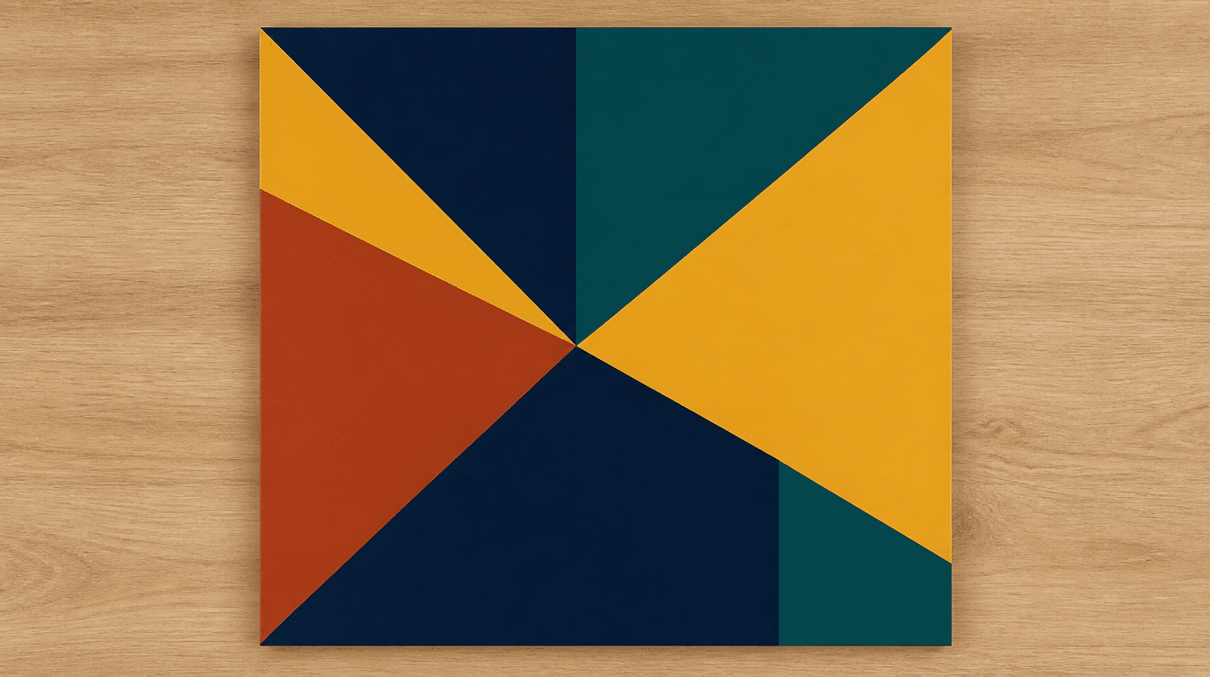 Abstract geometric artwork with bold yellow, blue, teal, and rust triangular color blocks on canvas.