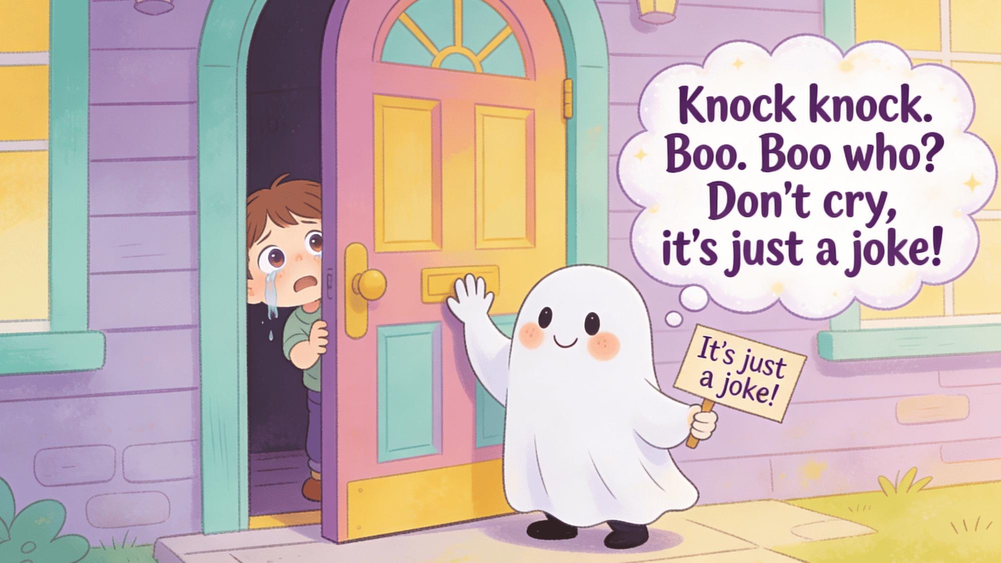ghost knock knock boo who joke with crying child at front door
