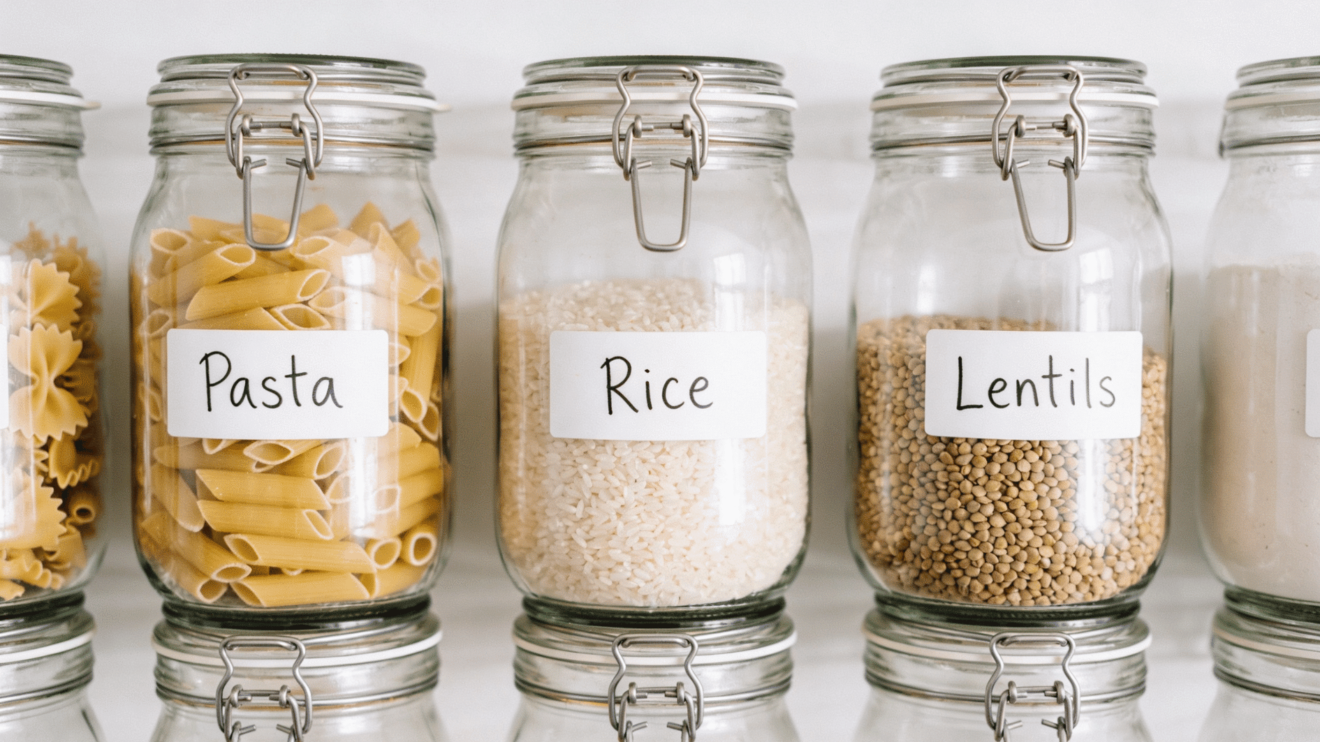 glass storage jars filled with pasta rice and lentils neatly arranged on clean pantry shelves