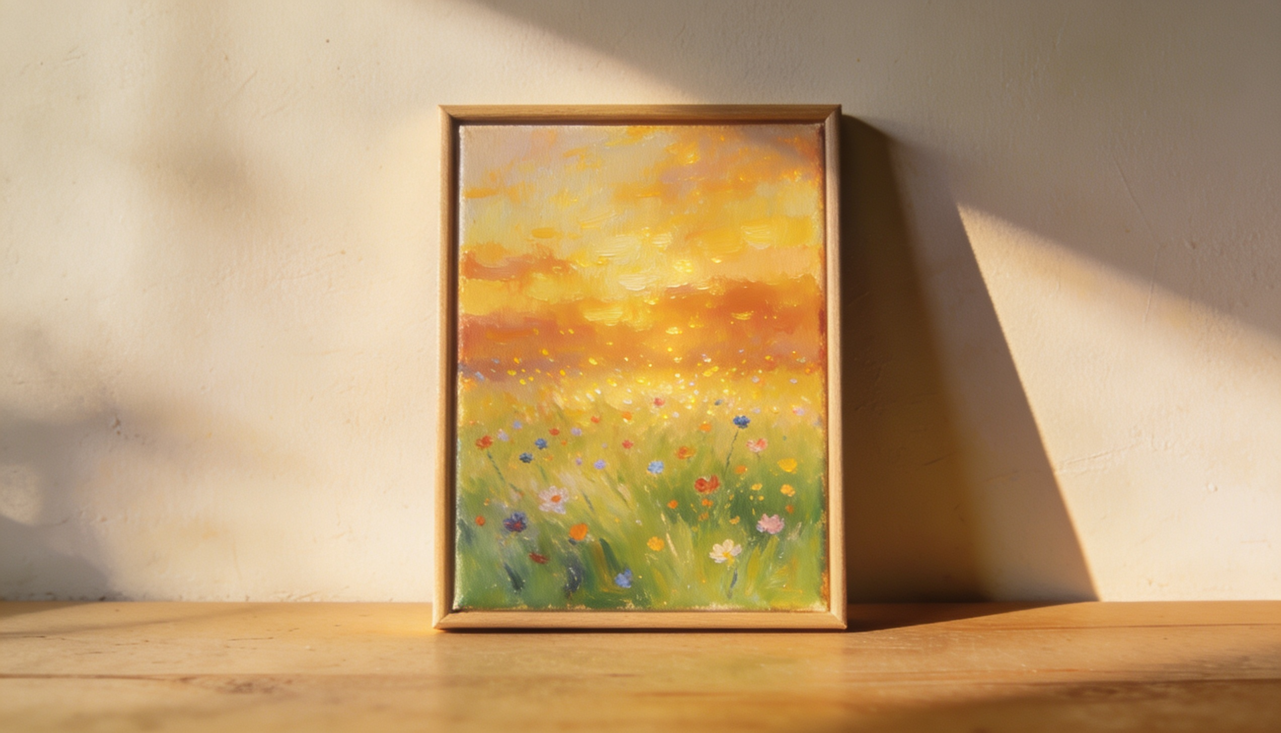 Soft impressionist meadow painting with glowing sunset tones and scattered colorful flowers.