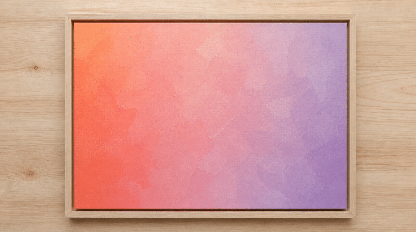 A framed horizontal canvas painting showing a smooth seamless gradient blending from warm coral into soft lilac across the surface.