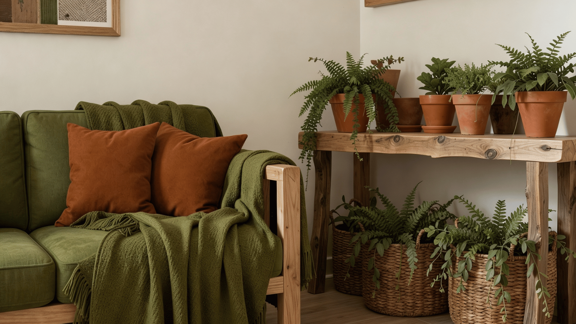 green armchair with rust cushions wooden console table and terracotta potted plants indoors