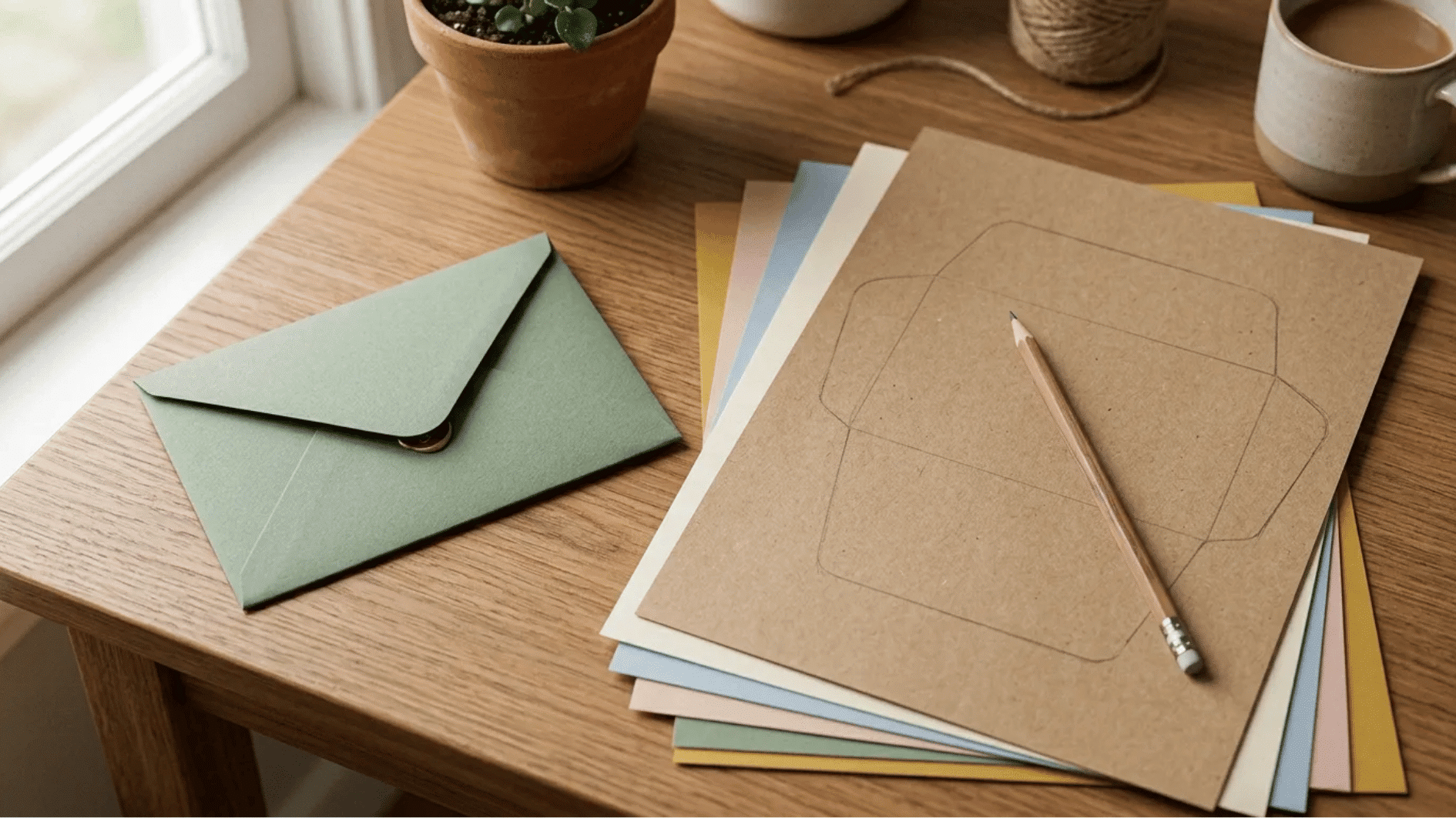 green handmade envelope beside colorful paper templates pencil coffee cup and plant on wooden desk