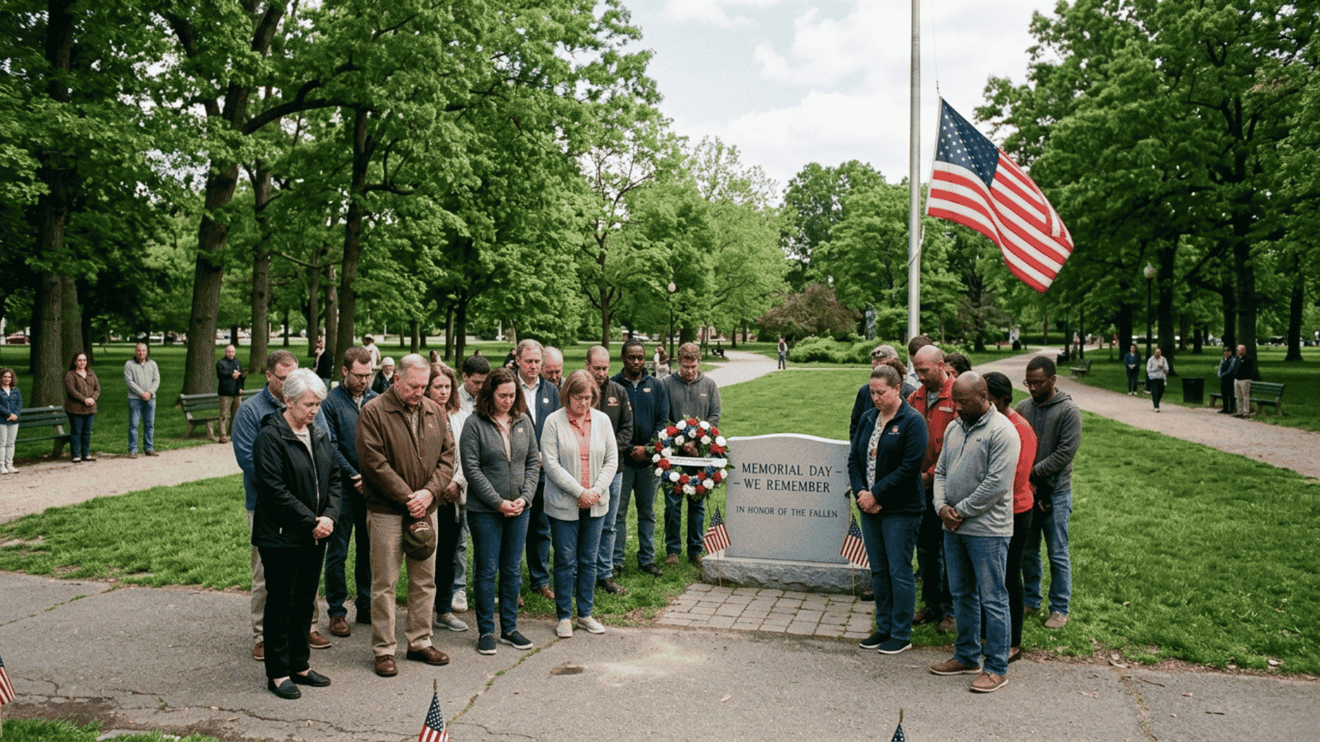 group of people standing with heads bowed observing a moment of silence on memorial day