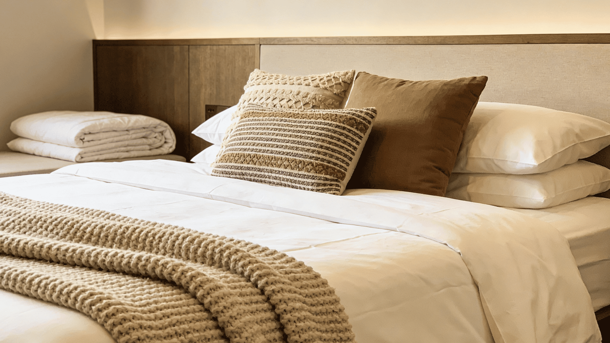 guest bedroom bed layered with white sheets, chunky knit throw, mixed pillows, and folded duvet