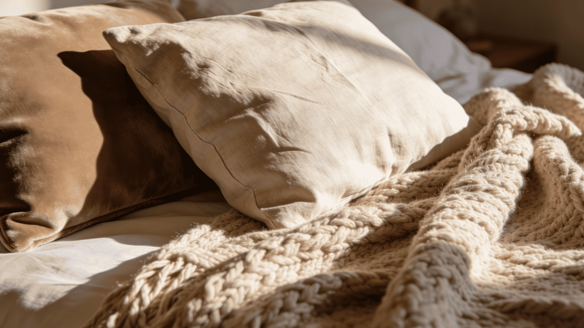 guest bedroom bed with velvet cushion, linen pillowcase, and chunky knit throw in warm coordinating tones