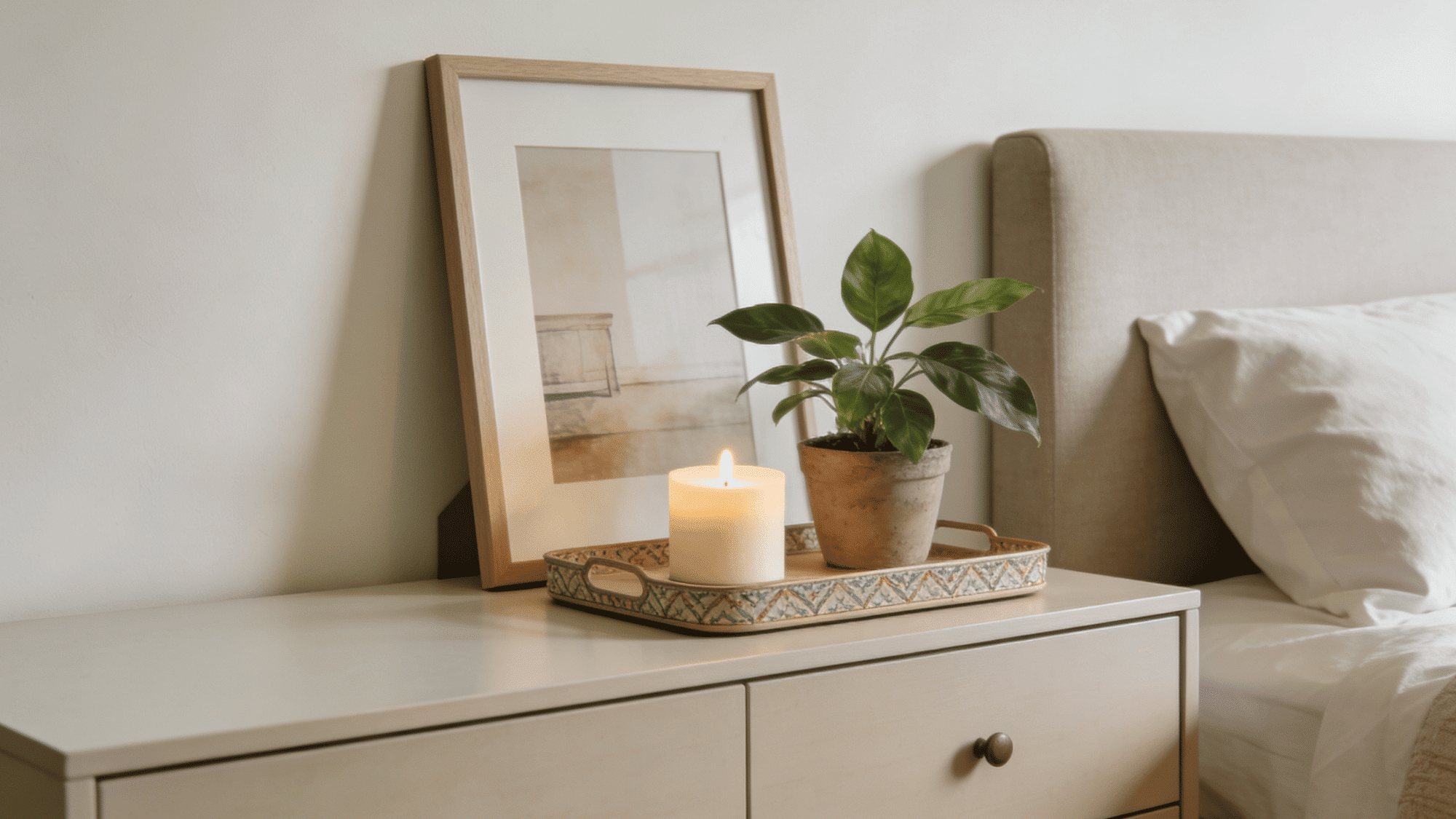 guest bedroom dresser top with a small tray, candle, potted plant, and propped print kept minimal and clear