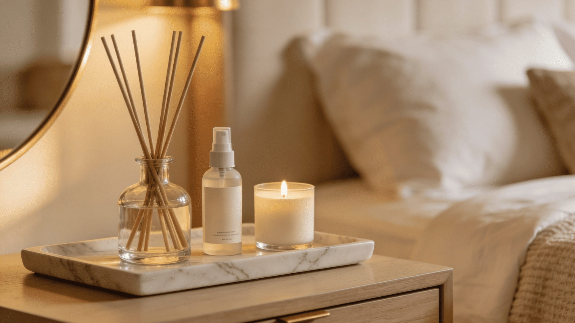 guest bedroom dresser with a reed diffuser, linen pillow spray, and small candle on a marble tray