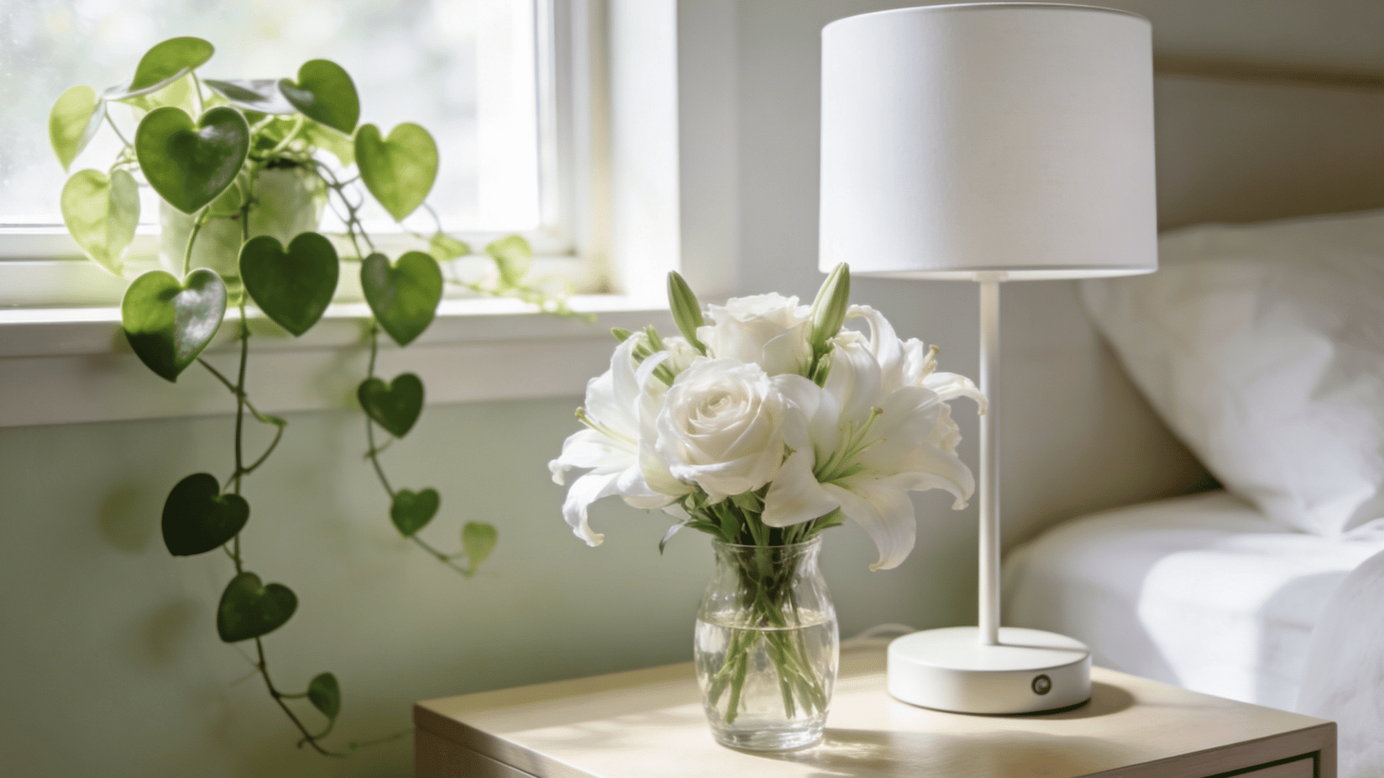 guest bedroom nightstand with a small vase of white flowers and a trailing pothos on the windowsill nearby