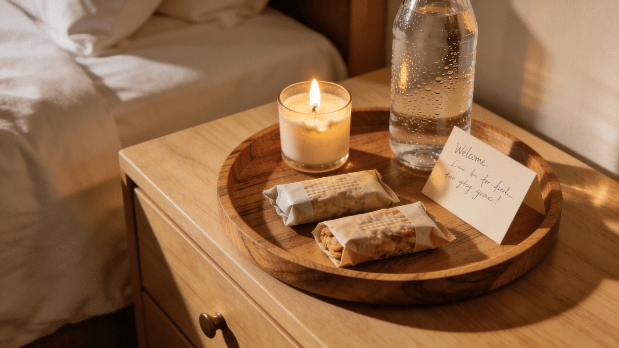 guest bedroom welcome tray with a candle, wrapped snacks, water bottle, and handwritten notecard