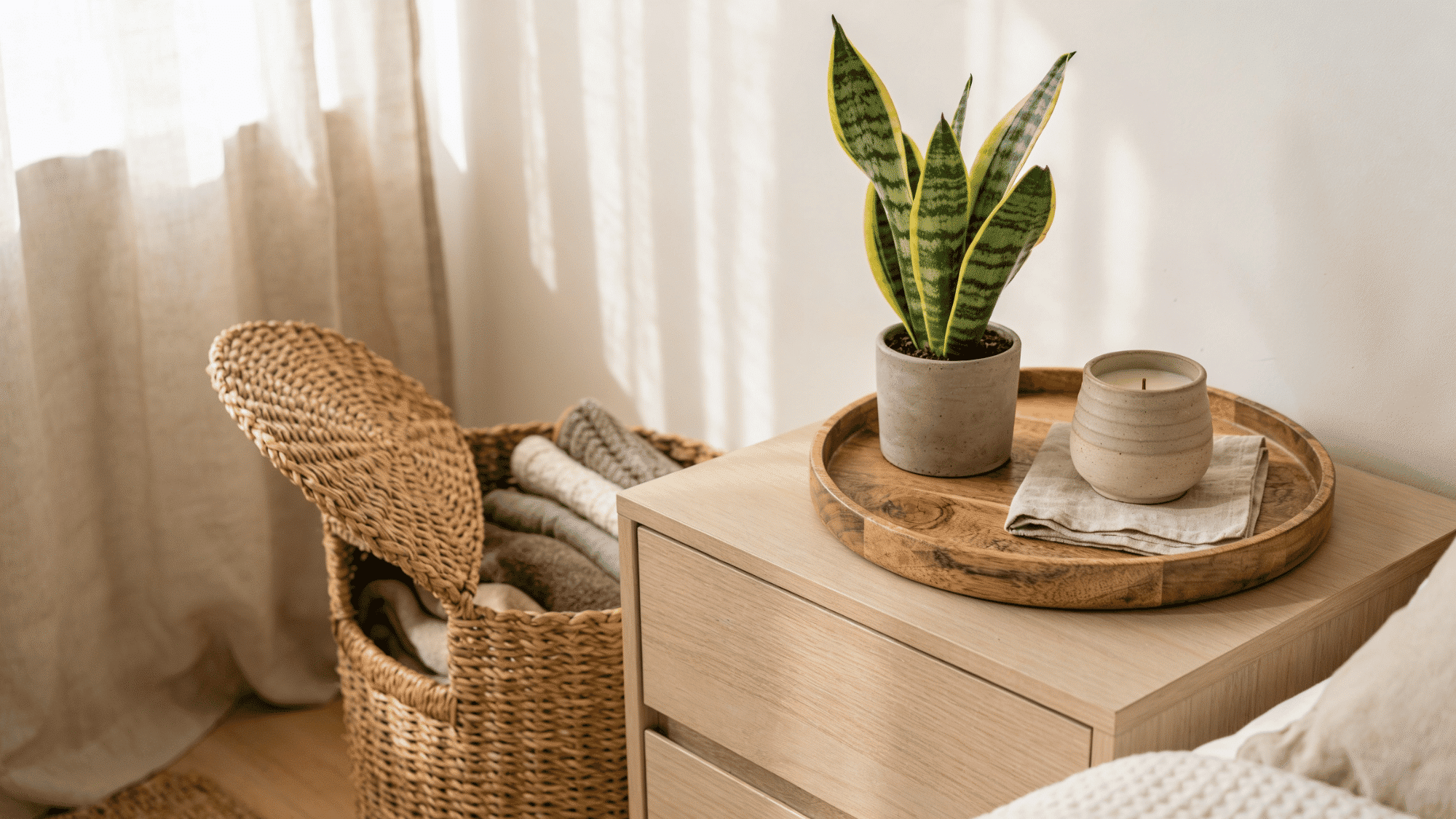 guest bedroom with a potted snake plant, wooden tray, and woven rattan basket adding natural warmth