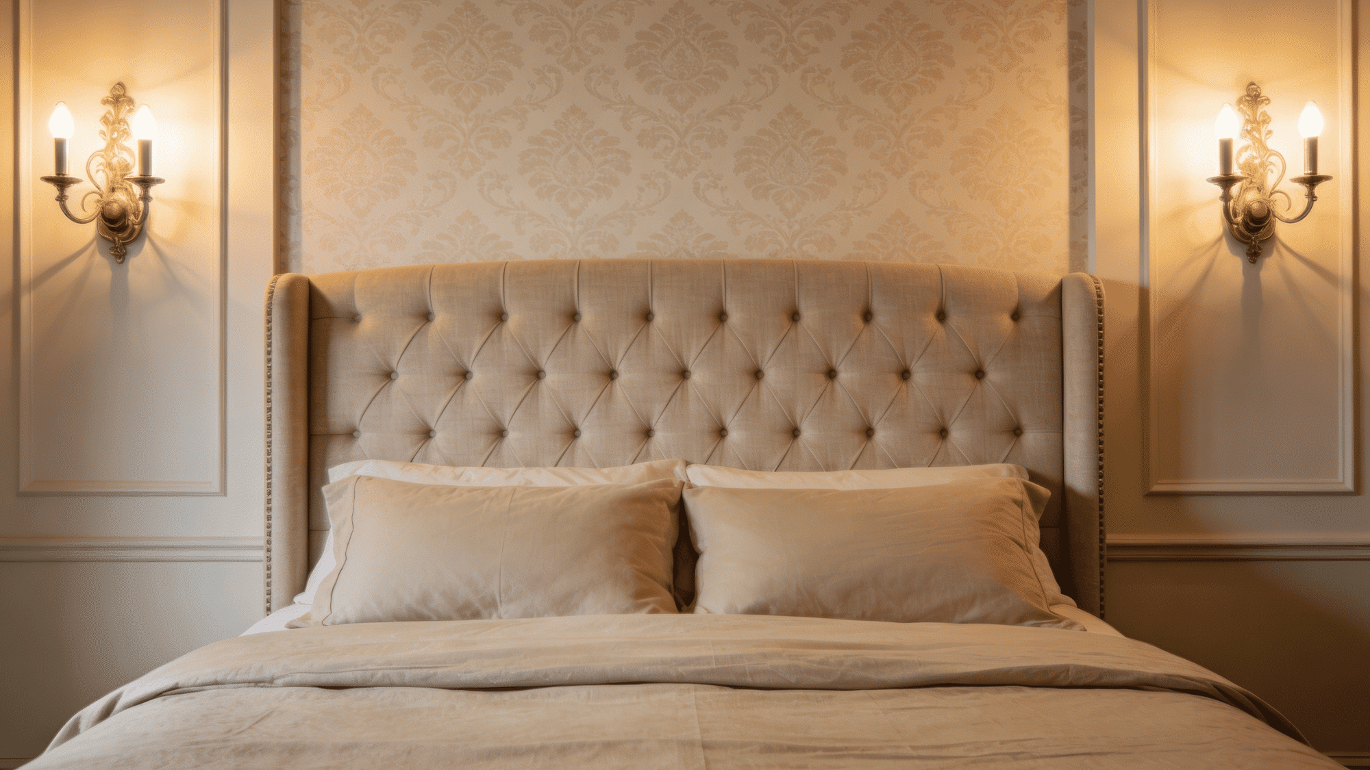 guest bedroom with an upholstered headboard, patterned accent wall, and matching wall sconces on each side
