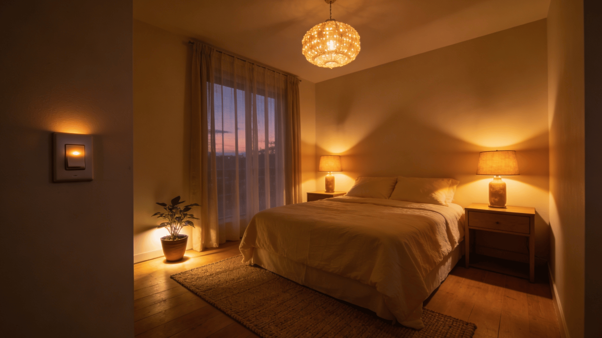 guest bedroom with layered lighting including overhead fixture, warm bedside lamps, and corner accent light
