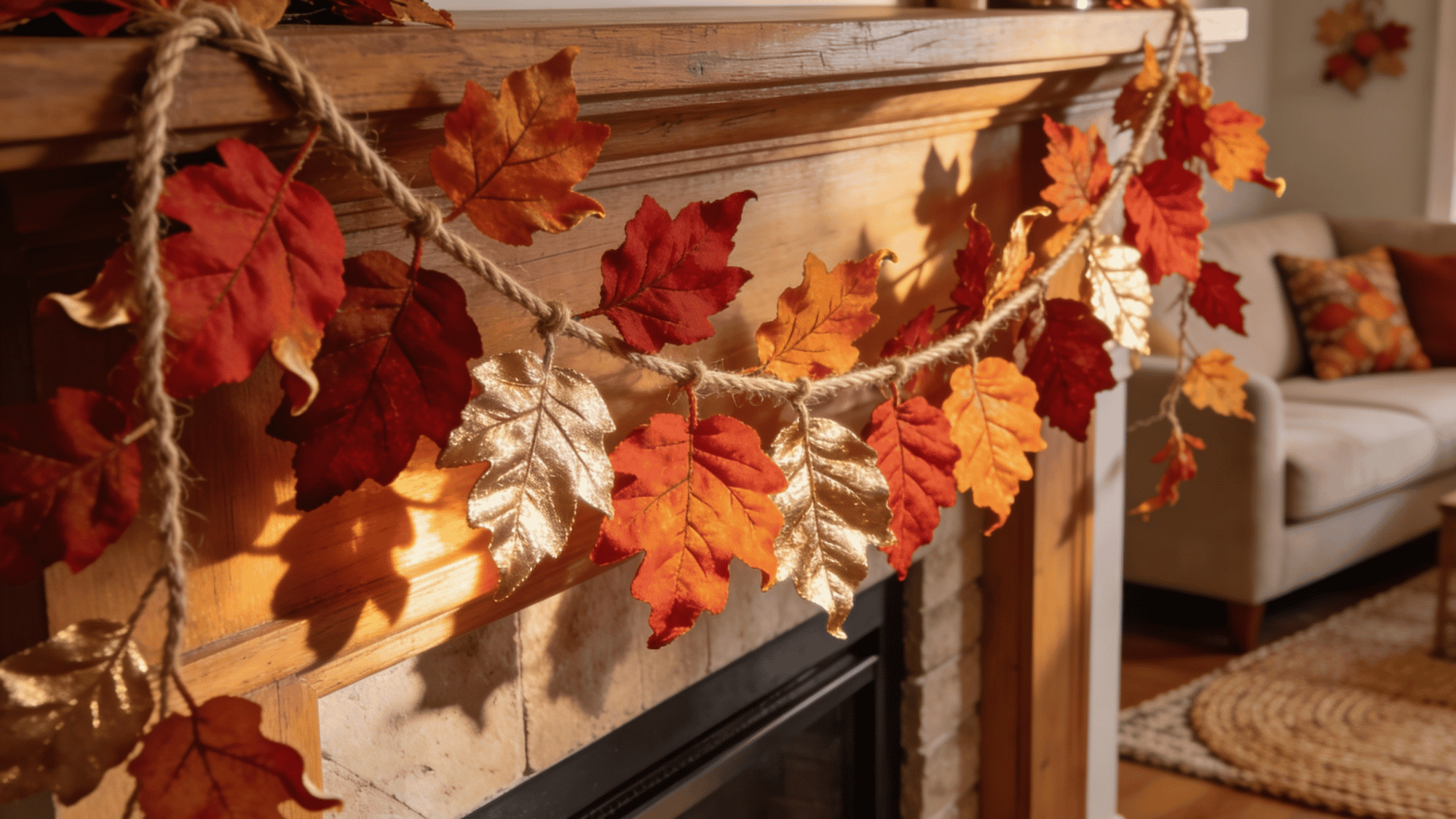 _handmade faux autumn leaf garland in red orange and gold draped across a wooden mantle in fall