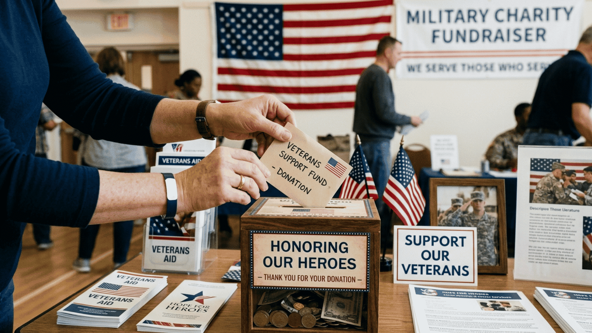 hands holding a donation envelope near military charity materials with an american flag in background