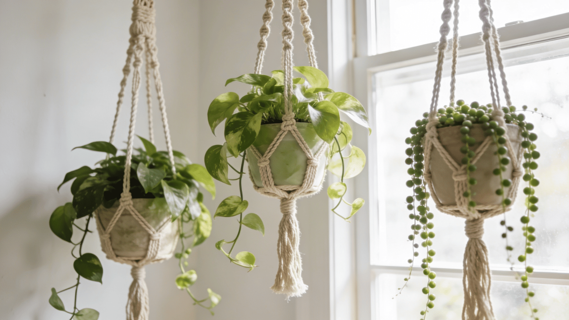 hanging indoor plants in macrame holders near bright window with soft natural morning sunlight