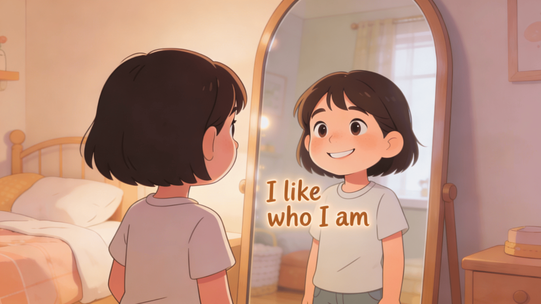 happy child smiling at reflection in bedroom mirror with positive self-love affirmation and warm cozy atmosphere