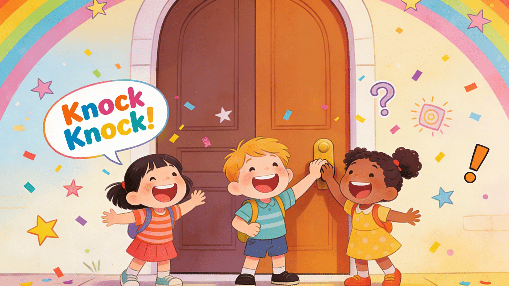 happy children playing knock knock game at colorful door with rainbow and confetti
